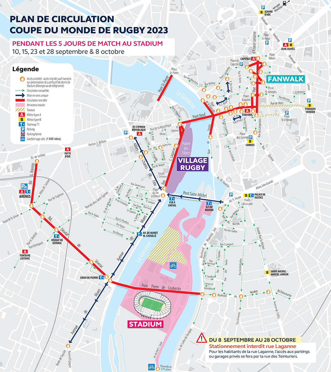 Plan de circulation à Toulouse lors de la Coupe du Monde de Rugby 2023, pendant les 5 jours de match au Stadium (10, 15, 23 et 28 septembre, et 8 octobre) dans les secteurs concernés (Stadium sur l'île du Ramier, Village Rugby à la Prairie des Filtres, et Fan Walk en centre-ville).
