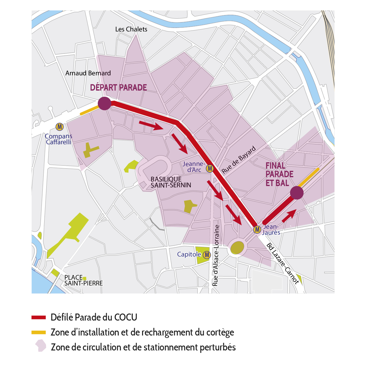 Plan du déroulé du Grand Défilé. La circulation et le stationnement sont modifiés dans le périmètre (boulevards d'Arcole et de Strasbourg, allées Jean-Jaurès, et voies situées à proximité)
