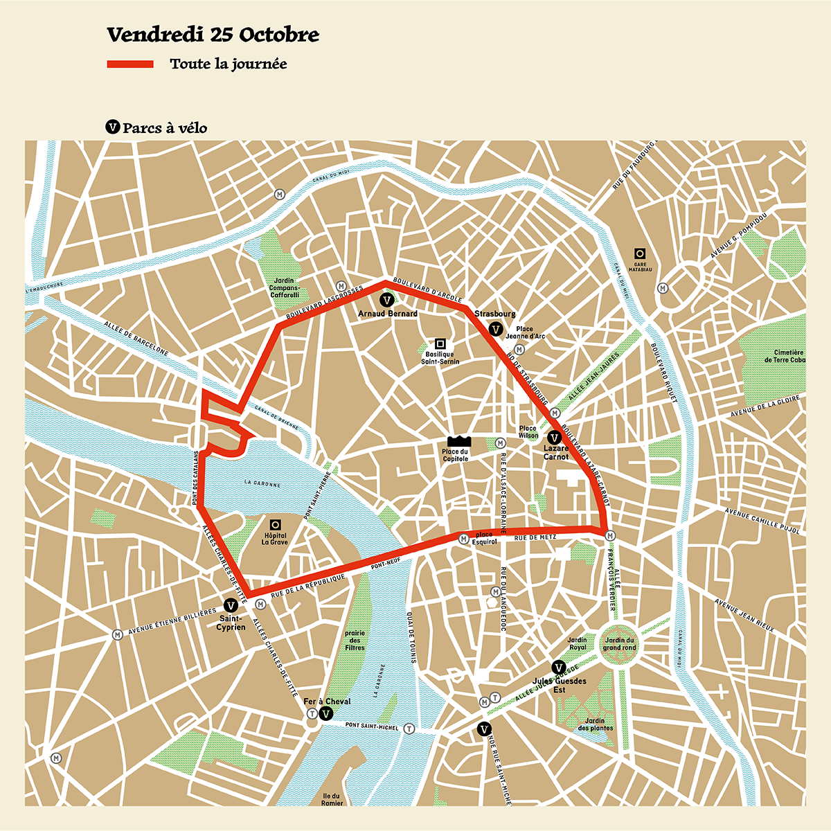 Plan montrant le périmètre de modifications de circulation et de stationnement le vendredi 25 octobre 2024, pour le 1er jour de l'opéra urbain "Le Gardien du Temple - La Porte des Ténèbres"