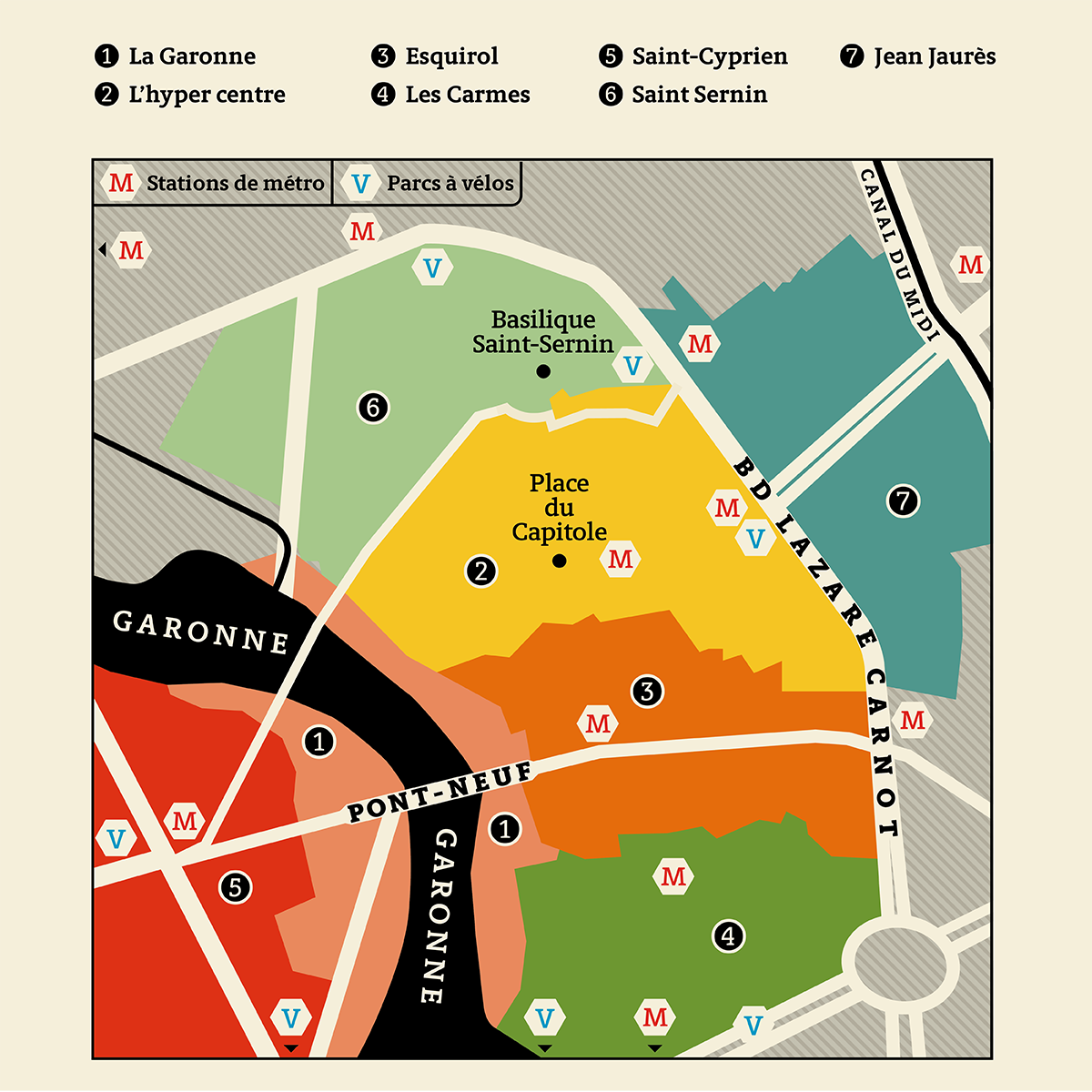 Plan des secteurs du centre-ville de Toulouse où se tiennent les scènes de l'opéra urbain "Le Gardien du Temple - La Porte des Ténèbres"