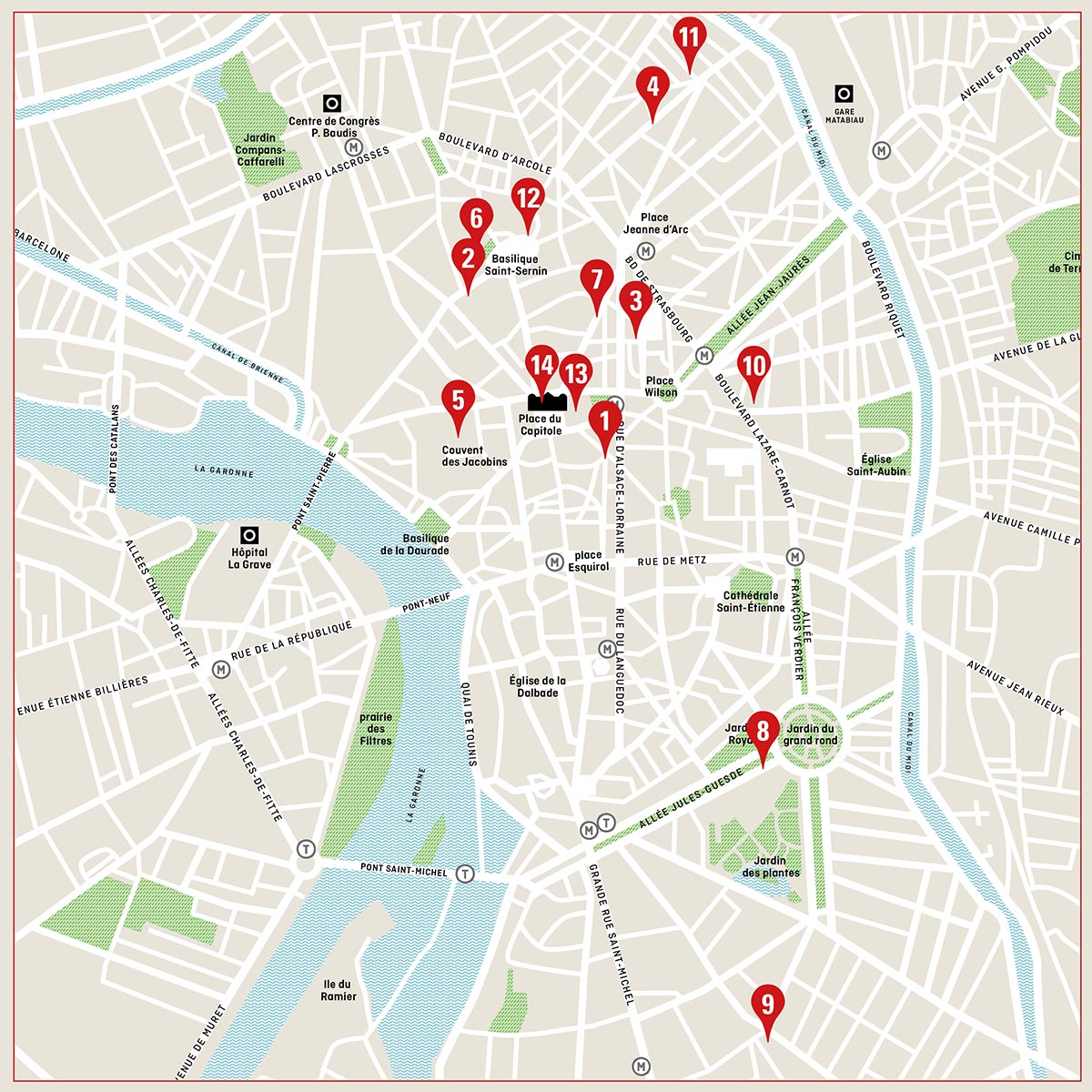 Carte de Toulouse montrant les lieux liés à la vie de Jean Jaurès