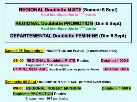 Régional doublette mixte et départemental doublette féminine - Les 5 et 6 septembre