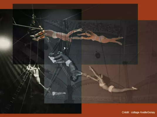Visite guidée de l'exposition "Les Antinoüs, une histoire du cirque toulousain" © collage Axelle Gonay / fonds des Antinoüs-Pierre Dannès-Alain Julien