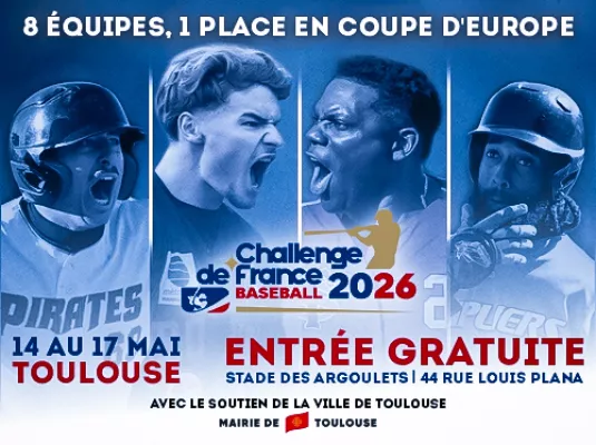 Challenge de France de Baseball 2026 © Du 14 au 17 mai, le Challenge de France de Baseball verra une partie de ses rencontres se jouer au Stade de Baseball des Argoulets.