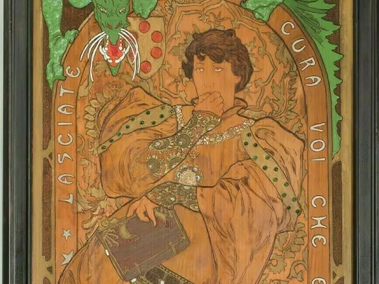 Mon Précieux... De l'icône publicitaire au décor de mobilier, le Lorenzaccio de Mucha © Détail de la porte © Musée Paul-Dupuy, cliché F. Pons