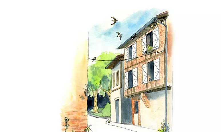 Illustration d'une rue avec des Hirondelles en plein vol. © ANT
